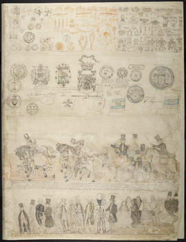 Dibujo del conjunto en que se muestra monedas, joyería, platería del período colonial junto a sel...