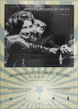 Afiche sobre la presentación de teatro titulada, Andanzas de un cómico viajero