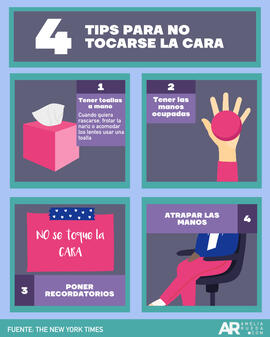 Afiche titulado 4 tips para NO tocarse la cara en relación con la crisis ante la pandemia por COV...