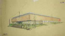 Plano proyecto del edificio de la Asamblea Legislativa. San José. Perspectiva a colores. Material...