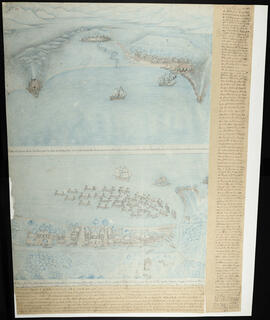 Dibujo de la vista del puerto de Moín en el año de 1843 con datos físico geográficos