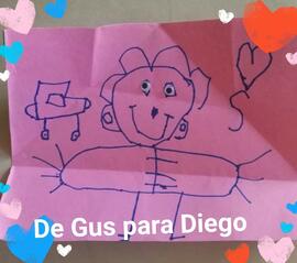 Dibujo realizado por un niño de Desamparados con la inscripción: De Gus para Diego, durante la pa...