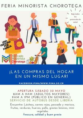 Afiche titulado Feria minorista Chorotega, a la venta distintos productos y siguiendo las recomen...