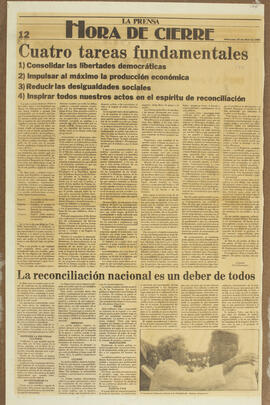 Artículo del periódico La Prensa Libre, titulado “Cuatro tareas fundamentales”, referente a la po...