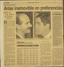 Artículo del periódico La Nación, titulado “Arias inamovible en preferencias”, referente a la enc...