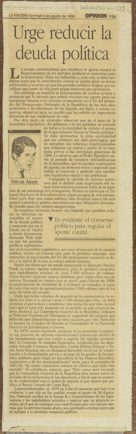 Artículo del periódico La Nación, escrito por Óscar Arias Sánchez titulado “Urge reducir la deuda...