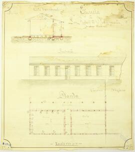 Plano de la Escuela de San Rafael de Desamparados, Provincia de San José. Fachada, corte transver...