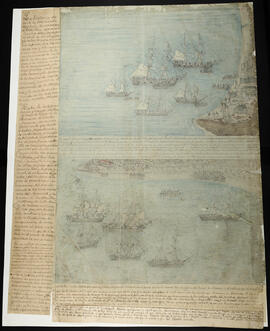 Manuscrito y dibujo de la historia de Costa Rica ilustrado con el arribo de la flota de Francisco...
