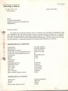 Expediente del accidente ocurrido a la aeronave TI-356-F. Propiedad de Aviación Agrícola. Ocurrid...