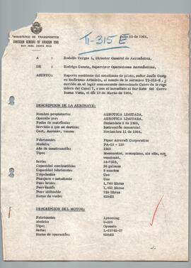 Expediente del accidente ocurrido a la aeronave TI-315-E. Propiedad de Aerotica Limitada. Ocurrid...