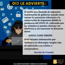 Afiche con información para la prevención de estafas utilizando la moratoria tributaria como excu...