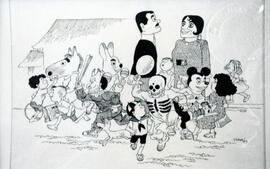 Fotografía de la caricatura Los disfraces, dibujada por Hugo Díaz y tomada en el Teatro Nacional ...
