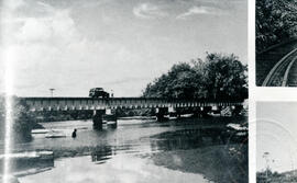 Fotografía del puente ferroviario sobre el río Moín. Se observa un vehículo sobre rieles y una pe...