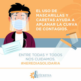 Afiche titulado El uso de mascarilla y careta ayuda a aplanar la curva de contagios, esto en el c...