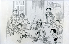 Fotografía de la caricatura Siempre había un loco en el barrio, dibujada por Hugo Díaz y tomada e...