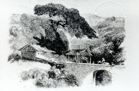 Fotografía de una lámina que ilustra el puente y paisaje de la Garita Alajuela