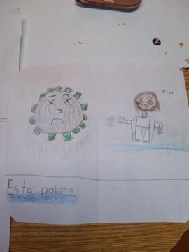 Dibujos de un niño en el cuál plasma la conferencia con el ministro de Salud y a Dios venciendo a...