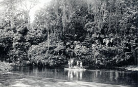 Fotografía del Río Sarapiquí. Se observa algunos campesinos cruzando el río en una balsa, al fond...