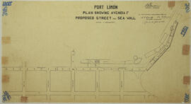 Plano de Puerto Limón, mostrando avenida F, calle propuesta y pared maritíma. Firman C. Crowl y L...