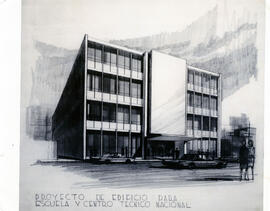 Fotografía con la imagen de un dibujo de la fachada del edificio en proyecto de la Escuela y Cent...