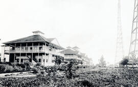 Fotografía de los pabellones del Hospital en Limón, tomada en 1909. Se observa además algunas tor...