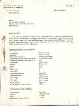 Expediente del accidente ocurrido a la aeronave TI-417-P. Propiedad de Mario Facio Segreda. Ocurr...