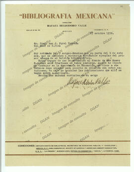 Carta recibida de Rafael Heliodoro Valle, director de Bibliografía Mexicana