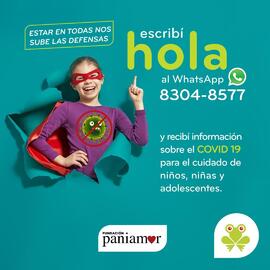 Afiche con información sobre el envío de mensaje hola para recibir información sobre la COVID-19,...
