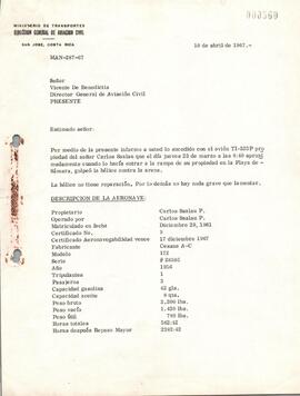 Expediente del accidente ocurrido a la aeronave TI-325P. Propiedad de Carlos Saalau. Ocurrido en ...