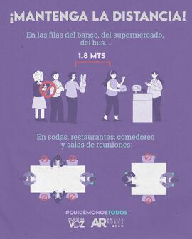 Afiche titulado Mantenga la distancia en relación con la crisis ante la pandemia por COVID-19