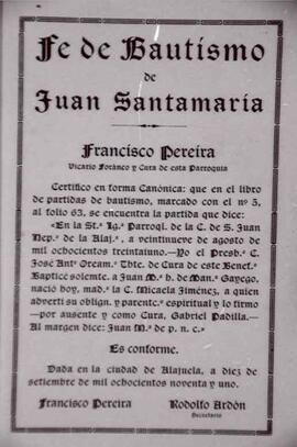 Fotografía de la Fe de Bautismo de Juan Santamaría. Acto religioso practicado el 29 de 08 de 1831...