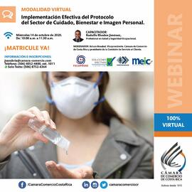 Afiche con información sobre webinar Implemetación efectiva del protocolo del sector de cuidado, ...
