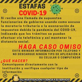 Afiche con información para la prevención de estafas, esto en el contexto de la pandemia por COVI...