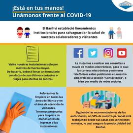 Afiche titulado Está en tus manos Unámonos frente al COVID-19 con lineamientos establecidos por e...