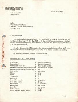 Expediente del accidente ocurrido a la aeronave TI-259-P. Propiedad de Ernesto Lohrengel Siebe (p...