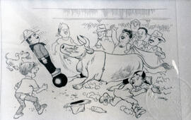 Fotografía de la caricatura El porfiado de la corrida de toros, dibujada por Hugo Díaz y tomada e...