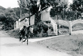 Fotografía de un lugar carretera a Copey. Aparece un vecino de ese distrito montado a caballo y s...