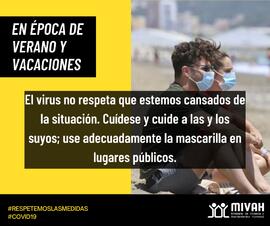Afiche sobre importancia de respetar el uso de mascarilla aún en tiempo de verano y vacaciones, e...