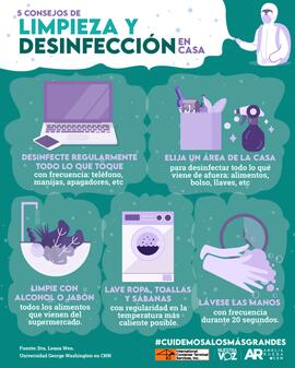 Afiche titulado 5 consejos de limpieza y desinfección en casa en relación con la crisis ante la p...