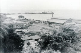 Fotografía panorámica de la ciudad de Limón. Se observa la parte del muelle, algunas embarcacione...