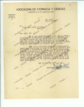 Carta recibida de M. J. Grillo, secretario de la Asociación de Farmacias y Ciencias, informando s...
