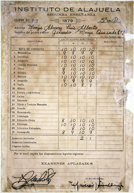 Notas académicas de Luis Alberto Monge, Instituto de Alajuela Segunda Enseñanza Quinto año.