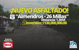 Fotografía de publicidad sobre los trabajos de asfaltado en la ruta Almendros-26 Millas, Limón