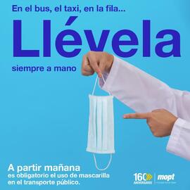 Afiche con información sobre uso obligatorio de mascarilla en el transporte público, curso o prue...