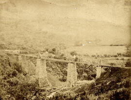 Fotografías del puente del ferrocarril sobre el Río Virilla. Se aprecia una locomotora y el fondo...