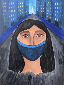 Dibujo que muestra una mujer con una mascarilla y una mirada de miedo, hundida dentro de la soled...