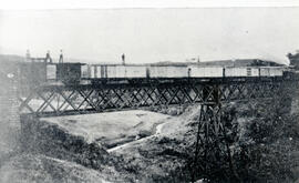 Fotografía de un tren sobre un puente cerca de Paraíso de Cartago. Se observa la estructura y par...