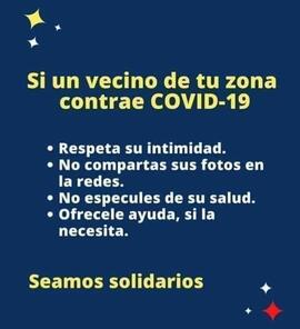 Afiche titulado Acciones a tomar si un vecino de tu zona contrae COVID-19, esto en el contexto de...