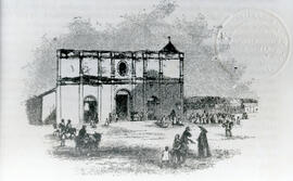 Fotografía del dibujo que muestra la Catedral y pobladores Josefinos en 1858. San José, Costa Rica
