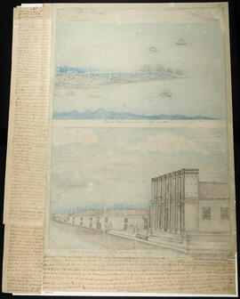 Dibujo de la vista de la ciudad de San José frente a la catedral en el año de 1854